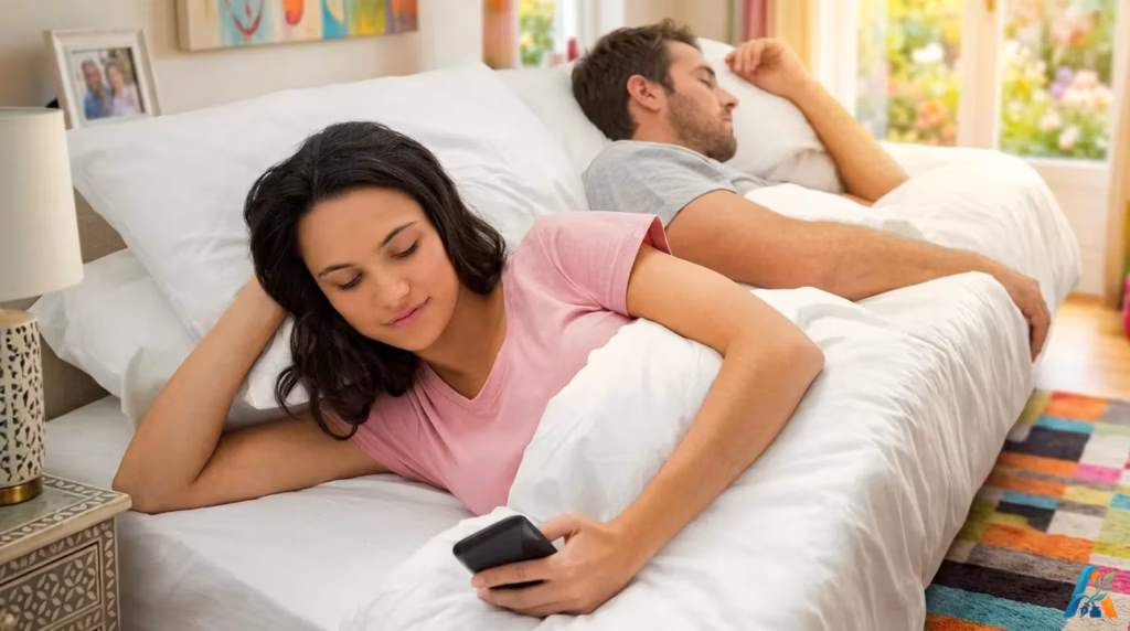 Wanita melihat HP di kasur saat pria tidur sampingnya