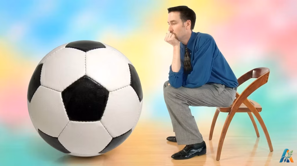 Pria berbaju biru duduk merenung di samping bola sepak besar latar belakang abstrak warna-warni.