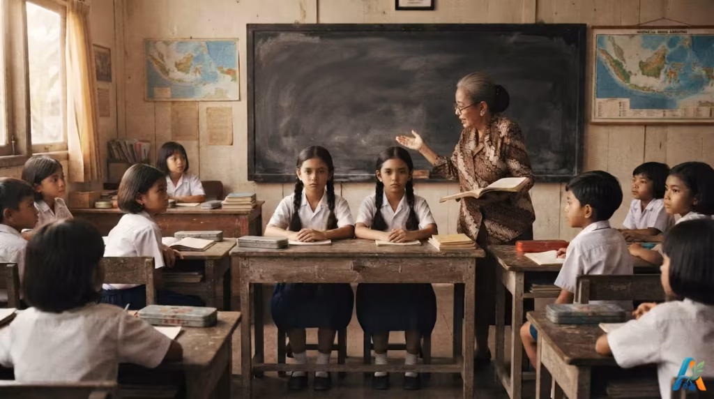 Guru wanita tua mengajar di kelas sekolah dasar Indonesia, menampilkan murid kembar Juni dan Jeni duduk bersebelahan di meja depan.