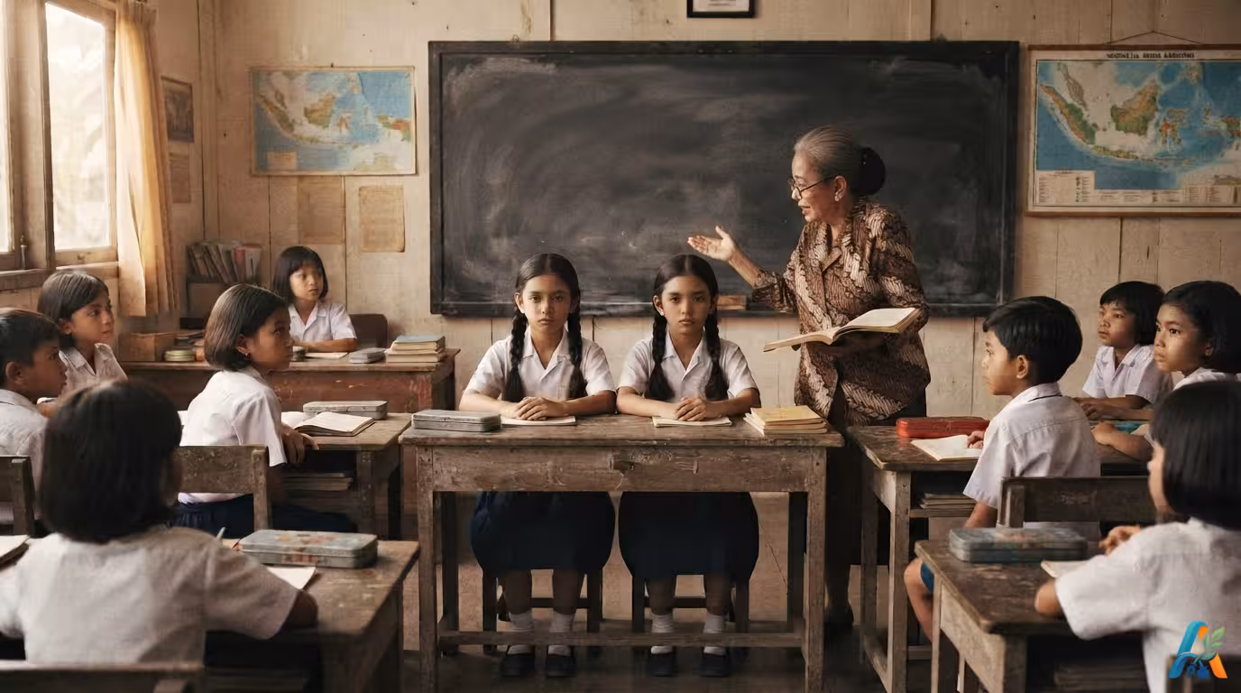 Guru wanita tua mengajar di kelas sekolah dasar Indonesia, menampilkan murid kembar Juni dan Jeni duduk bersebelahan di meja depan.