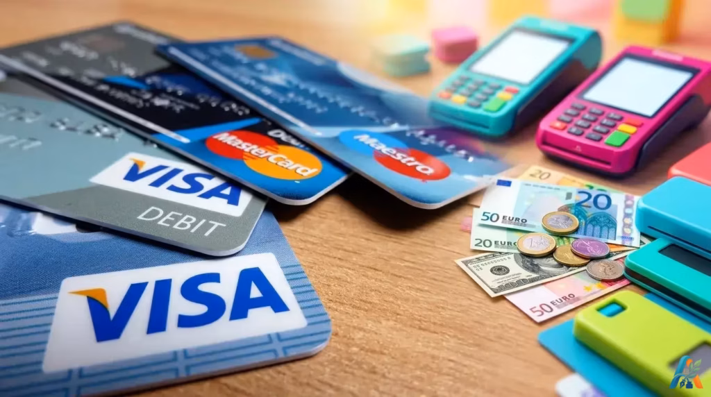 Beberapa kartu kredit dan debit Visa, Mastercard, Maestro di atas meja kayu dengan dua mesin EDC dan tumpukan uang kertas Euro.