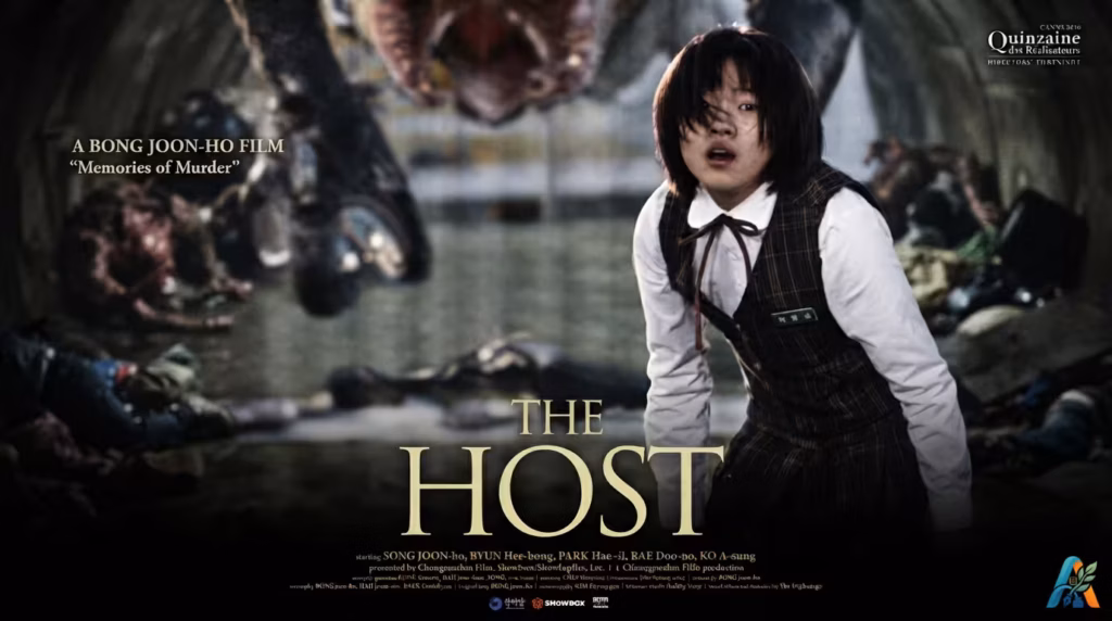 Poster film The Host (2006) menampilkan karakter Ko A-sung yang ketakutan di depan monster dalam adegan mencekam
