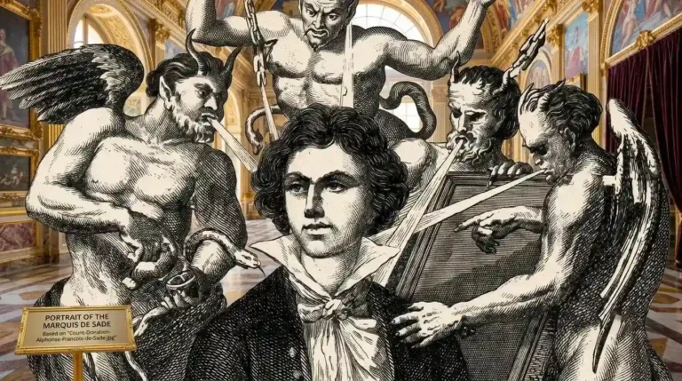 Lukisan portrait Marquis de Sade dikelilingi oleh sekumpulan makhluk iblis atau setan bersayap di sebuah ruangan istana.