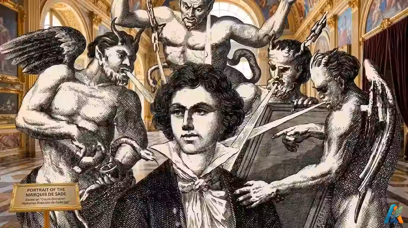 Lukisan portrait Marquis de Sade dikelilingi oleh sekumpulan makhluk iblis atau setan bersayap di sebuah ruangan istana.