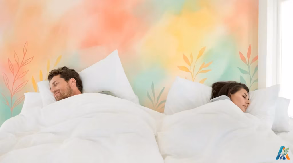 1. Alternative Text Pria dan wanita tidur bersama di satu ranjang dalam posisi saling membelakangi menggunakan selimut putih.