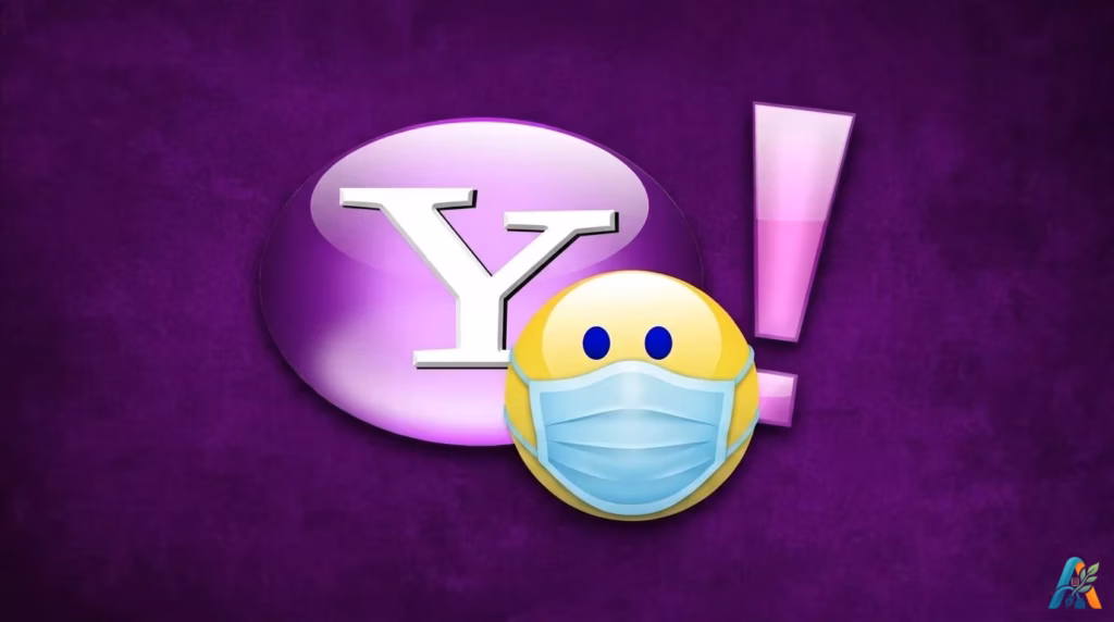 Logo ikonik Yahoo! berwarna ungu dengan latar belakang bertekstur, menampilkan emoji kuning yang sedang mengenakan masker wajah medis, sebagai ilustrasi konsep cara menyamar di Yahoo Messenger.