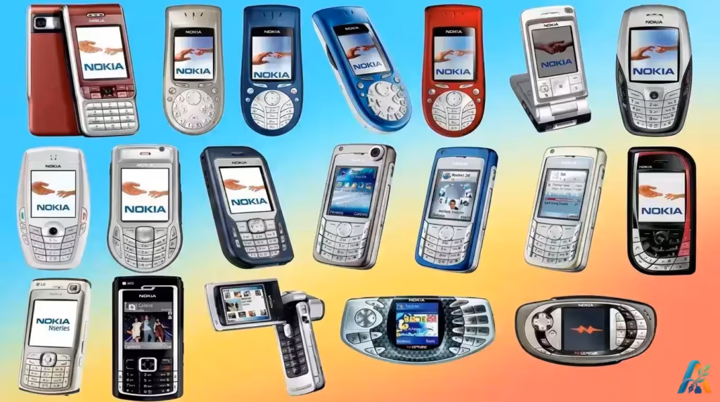 Koleksi berbagai model ponsel jadul Nokia orisinal era 2000-an seperti N-Gage, Communicator, dan tipe legendaris lainnya.