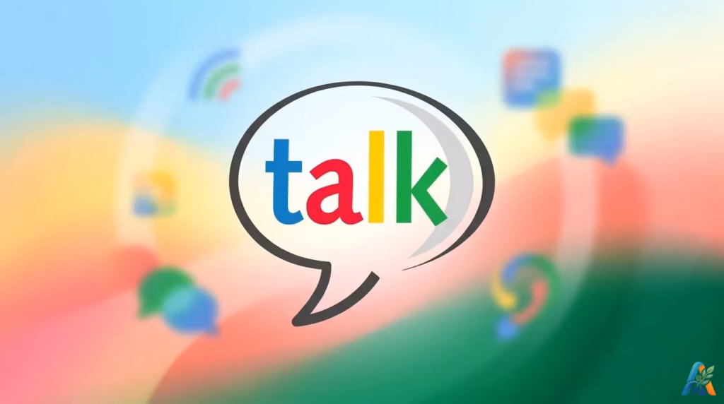 Logo Google Talk berupa gelembung percakapan dengan tulisan "talk" berwarna-warni di atas latar belakang abstrak yang buram.