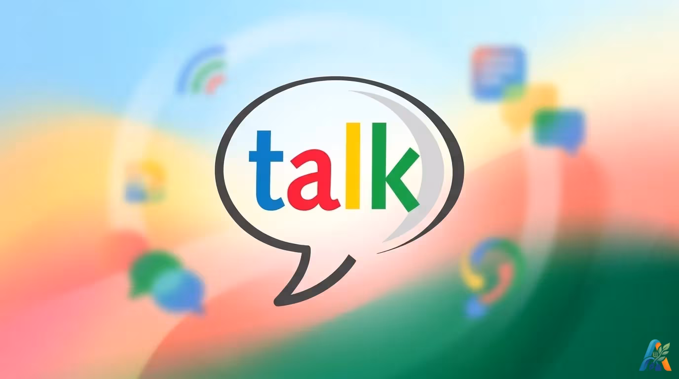 Logo Google Talk berupa gelembung percakapan dengan tulisan "talk" berwarna-warni di atas latar belakang abstrak yang buram.
