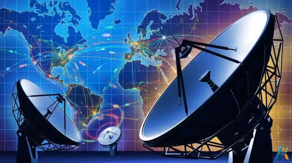 Dua parabola satelit VSAT berlatar belakang peta dunia dengan jaringan komunikasi global berwarna-warni.