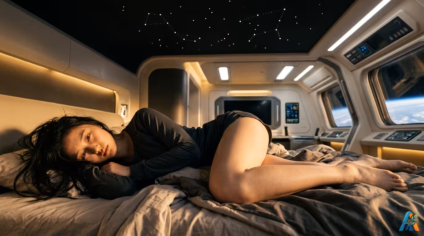 Anita Huang bangun tidur di kamar mewah stasiun luar angkasa dengan pemandangan bumi, gaya futuristik realistis.