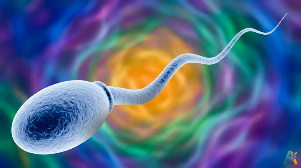 Sperma biru berenang menuju sel telur dalam visualisasi 3D berlatar belakang abstrak penuh warna.