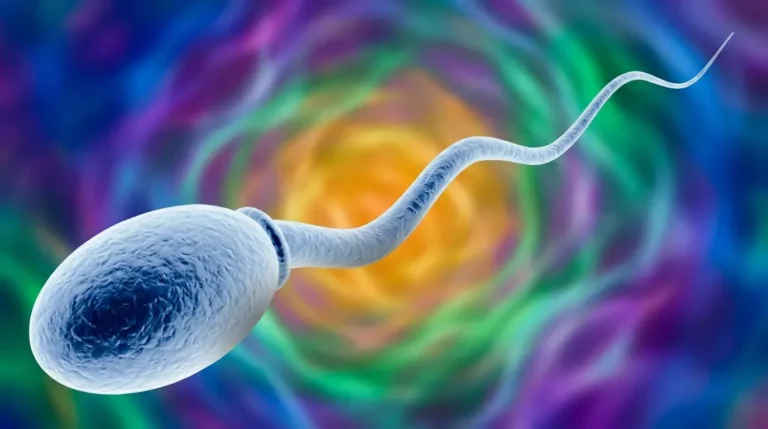 Sperma biru berenang menuju sel telur dalam visualisasi 3D berlatar belakang abstrak penuh warna.