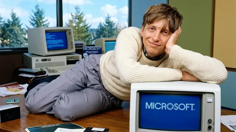 Bill Gates muda berpose bersandar di atas komputer IBM dengan logo Microsoft di layar monitor.
