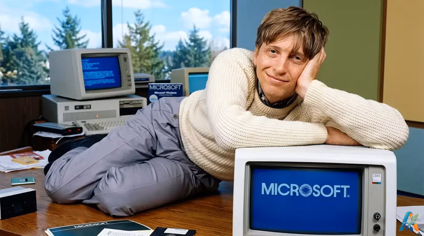 Bill Gates muda berpose bersandar di atas komputer IBM dengan logo Microsoft di layar monitor.