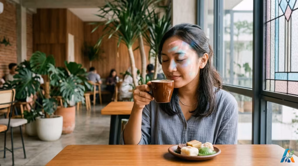 Perempuan muda Indonesia menutup mata menikmati aroma kopi tubruk dan jajanan pasar di kafe tropis dengan efek cahaya prismatik