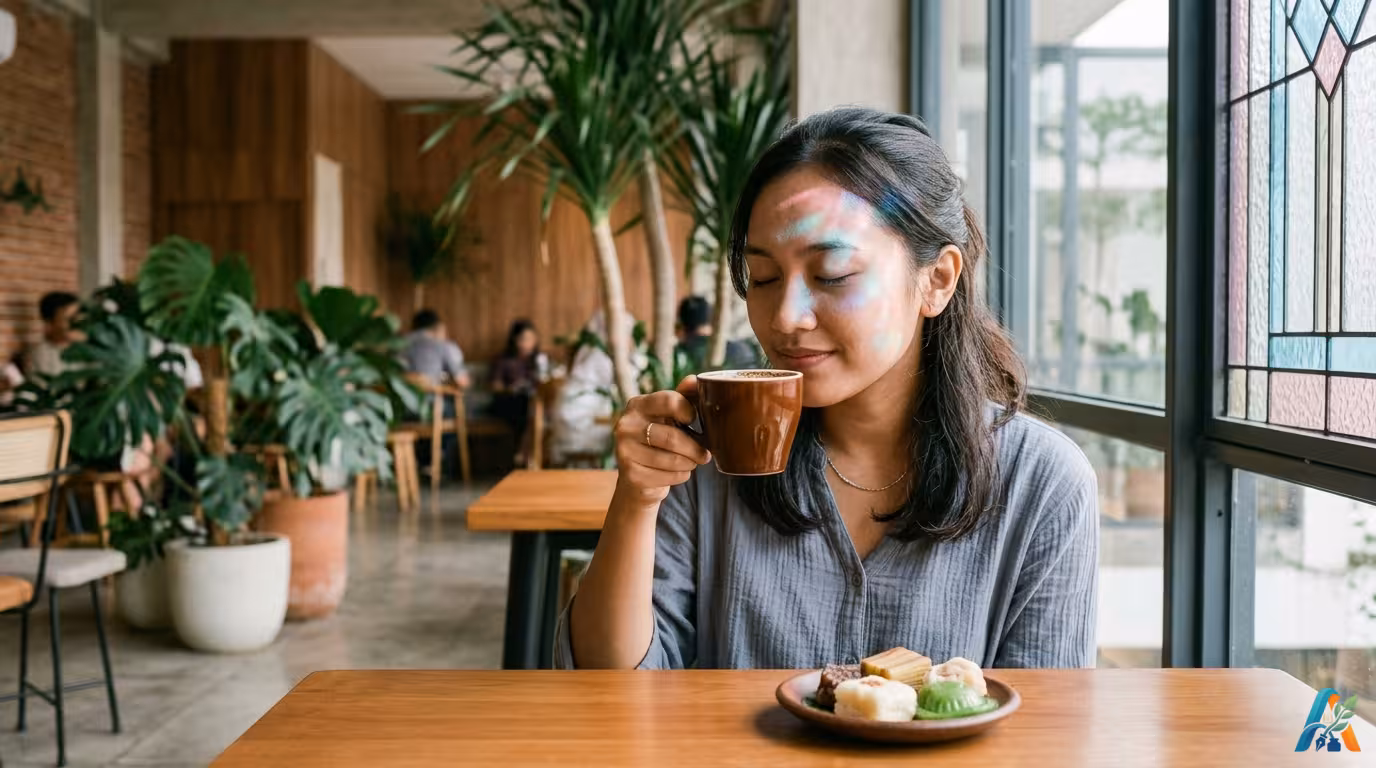 Perempuan muda Indonesia menutup mata menikmati aroma kopi tubruk dan jajanan pasar di kafe tropis dengan efek cahaya prismatik
