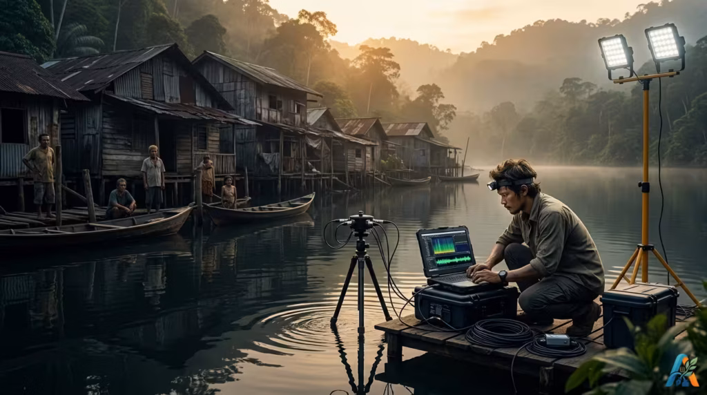 Insinyur akustik Bima sedang menganalisis anomali frekuensi danau di Desa Teluk Sunyi dengan peralatan canggih saat matahari terbenam.
