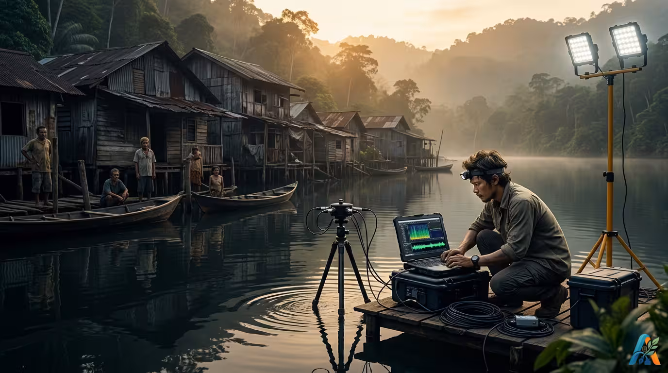 Insinyur akustik Bima sedang menganalisis anomali frekuensi danau di Desa Teluk Sunyi dengan peralatan canggih saat matahari terbenam.