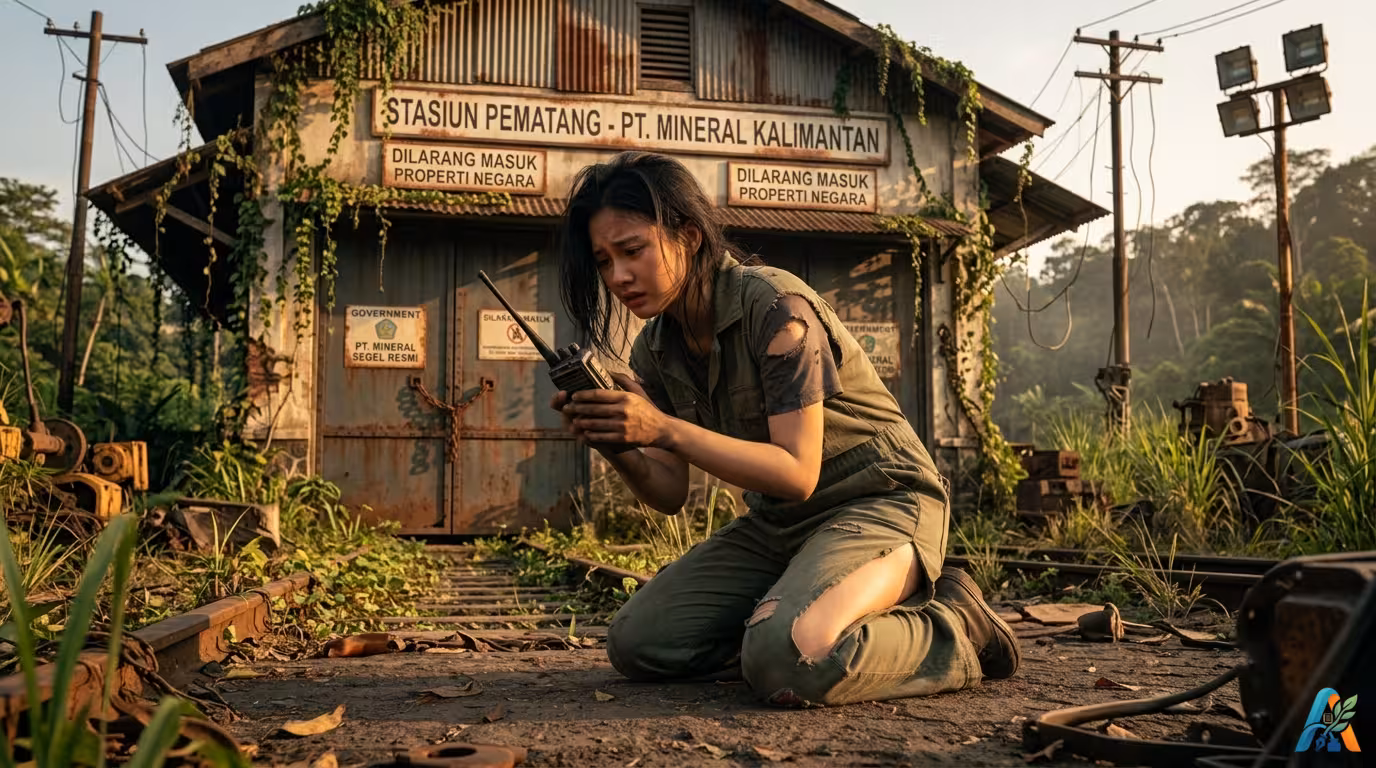 Seorang wanita berlutut di rel kereta api terbengkalai, memegang radio panggil, di depan bangunan tua "Stasiun Pematang - PT. Mineral Kalimantan" yang ditumbuhi tanaman liar.