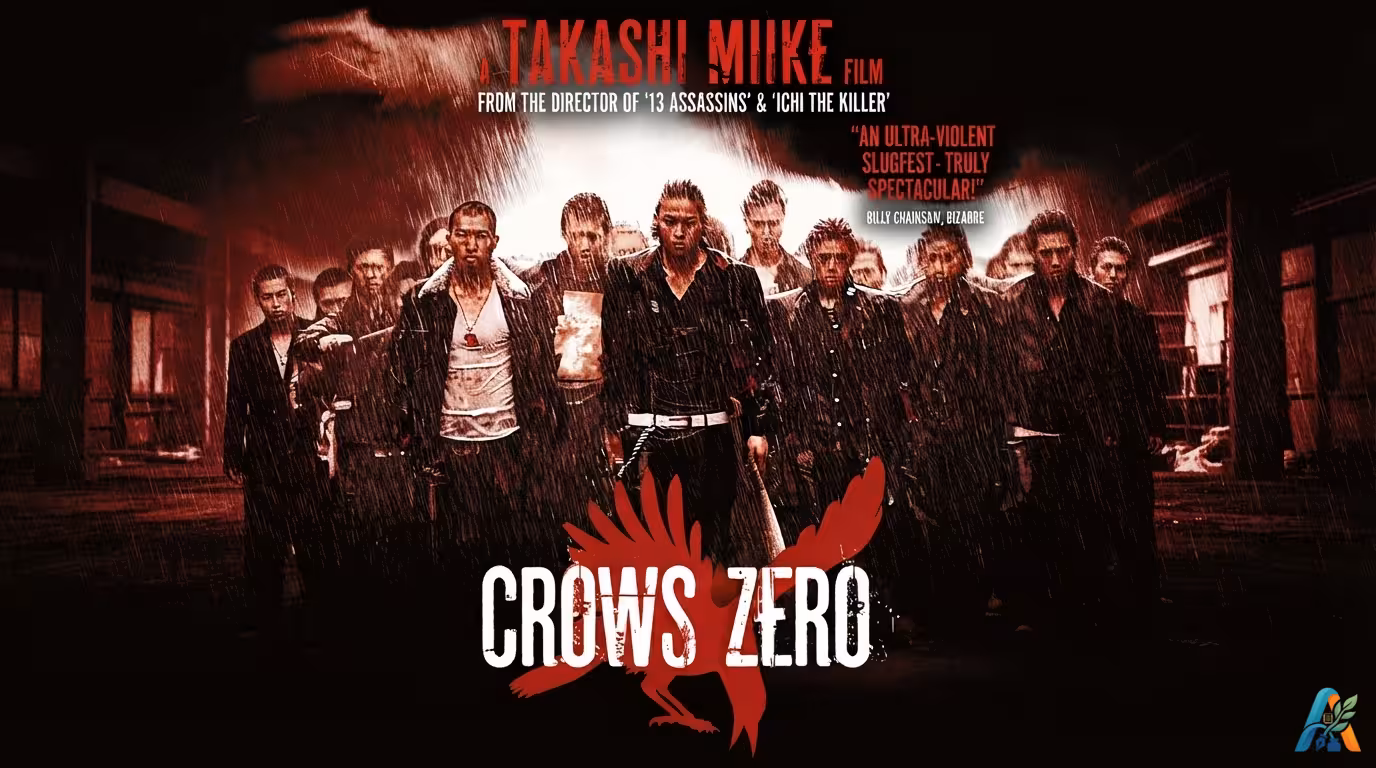 Poster film aksi Jepang Crows Zero menampilkan Genji Takiya dan geng sekolahnya yang bergaya tangguh di tengah hujan lebat.