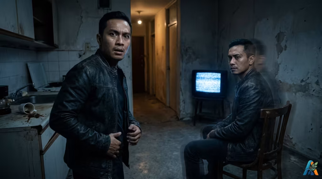Dua pria identik dengan jaket kulit di apartemen tua yang kusam dan gelap dengan TV statis.