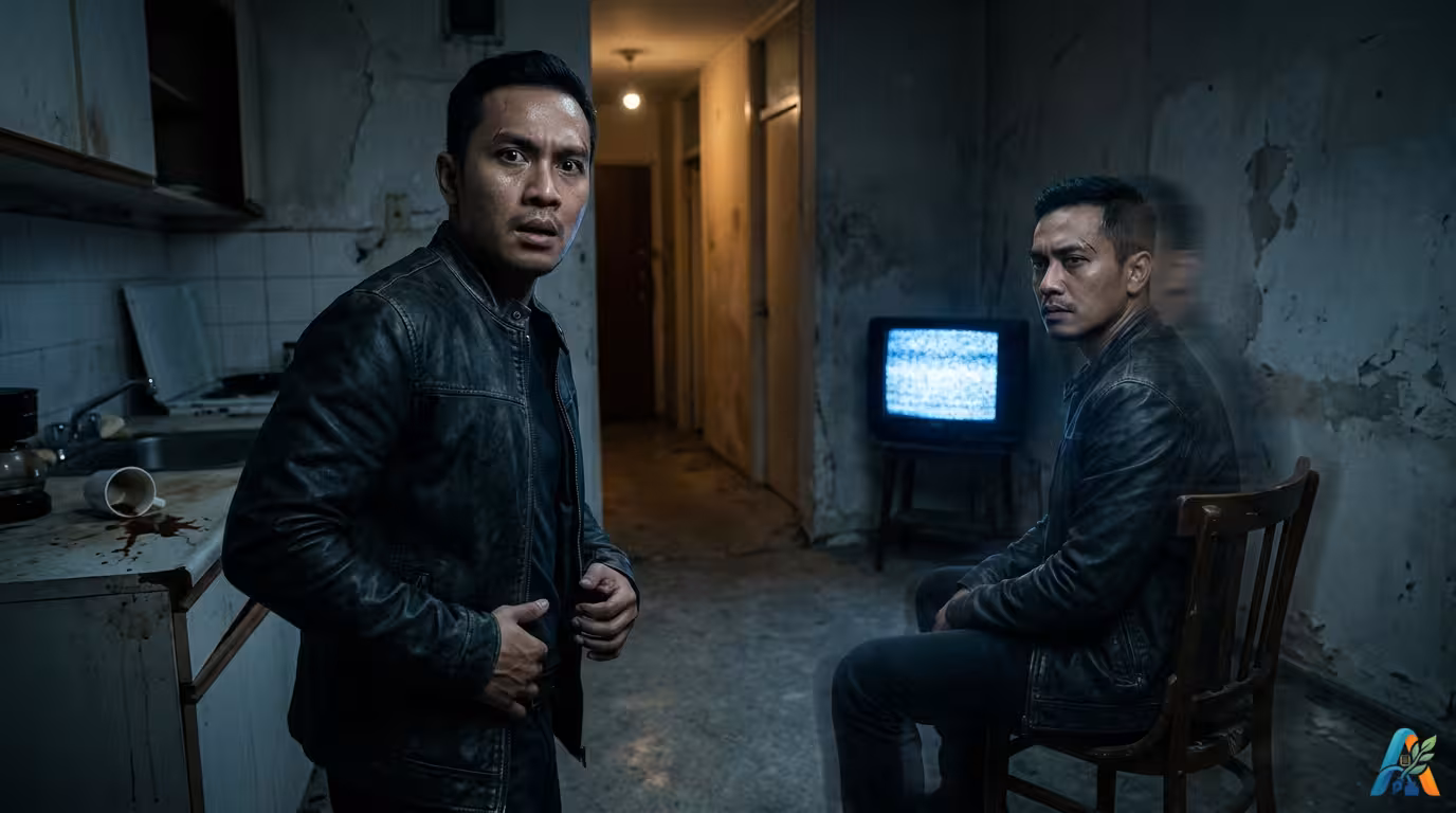 Dua pria identik dengan jaket kulit di apartemen tua yang kusam dan gelap dengan TV statis.
