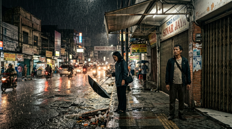 Foto malam hujan di Pasar Senen, Jakarta. Tari dengan payung hitam dan seorang pria berteduh di bawah kanopi toko kain di aspal basah berlubang.