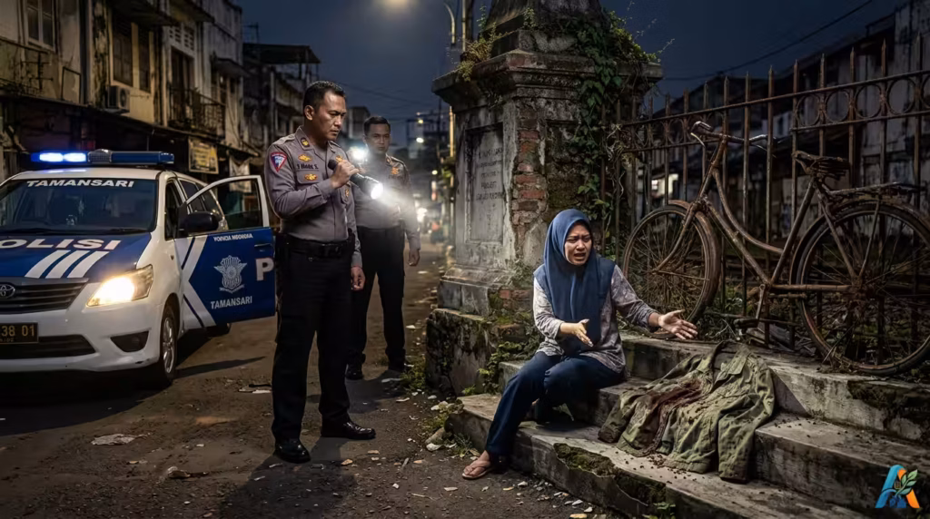 Polisi menanyai wanita panik di dekat jaket berdarah di situs stasiun trem tua Jakarta malam hari.