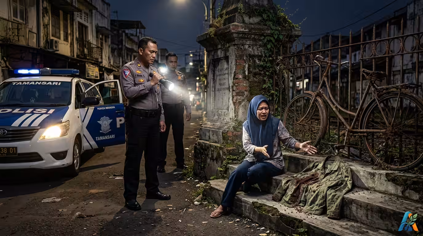 Polisi menanyai wanita panik di dekat jaket berdarah di situs stasiun trem tua Jakarta malam hari.