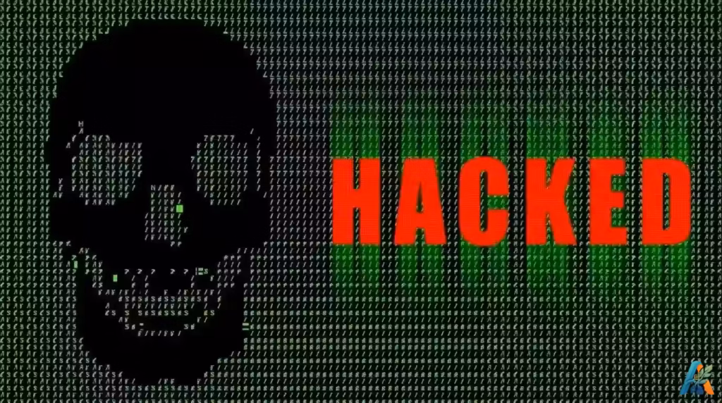 Tengkorak hitam berlatar kode biner hijau dengan teks merah HACKED.