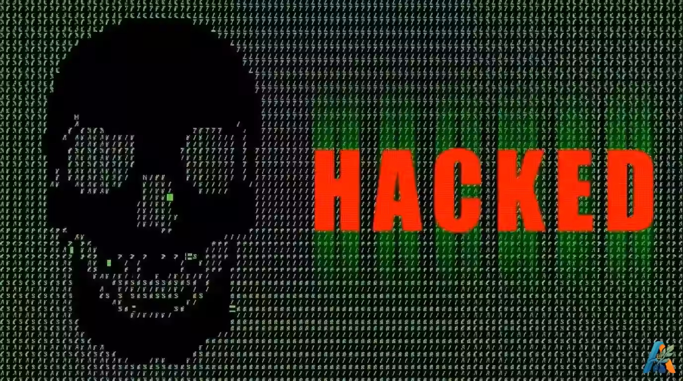 Tengkorak hitam berlatar kode biner hijau dengan teks merah HACKED.