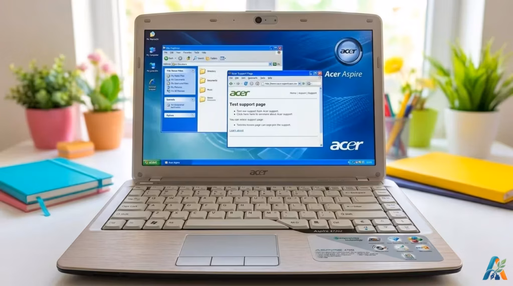 Laptop Acer Aspire 4720z dalam posisi terbuka menampilkan layar Windows XP dan halaman dukungan situs web Acer.