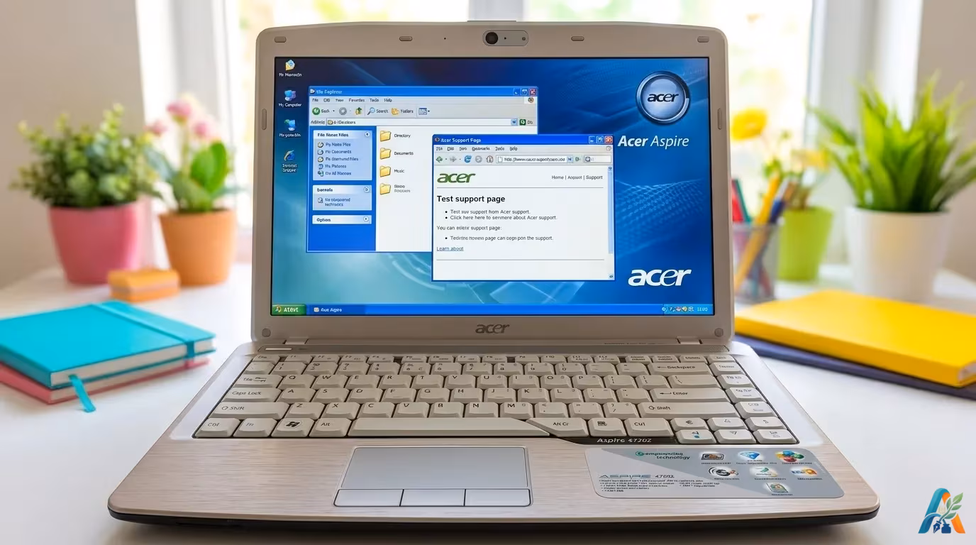 Laptop Acer Aspire 4720z dalam posisi terbuka menampilkan layar Windows XP dan halaman dukungan situs web Acer.