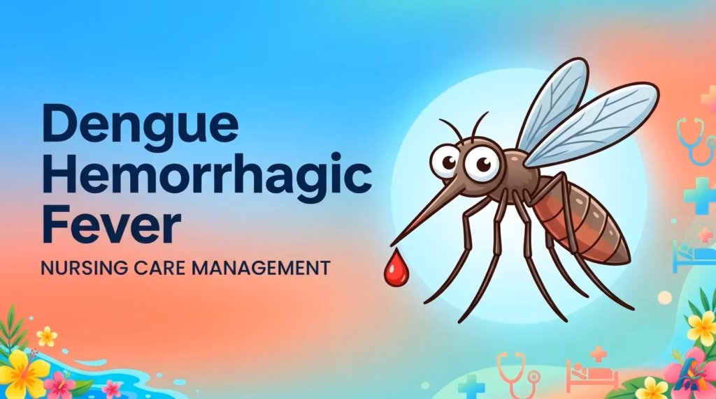 1. Alternative Text (Alt Text) Ilustrasi nyamuk kartun di dekat teks Dengue Hemorrhagic Fever Nursing Care Management dengan latar belakang gradasi warna.