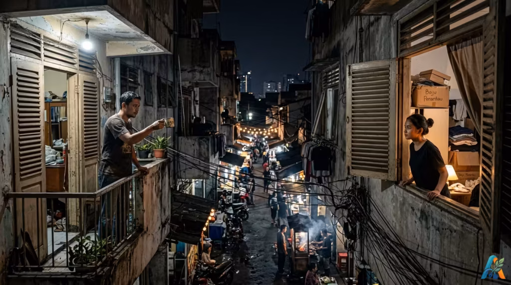Foto realistik malam hari sepasang perantau berpandangan dari jendela apartemen tua rusun di atas pasar kaget yang ramai.