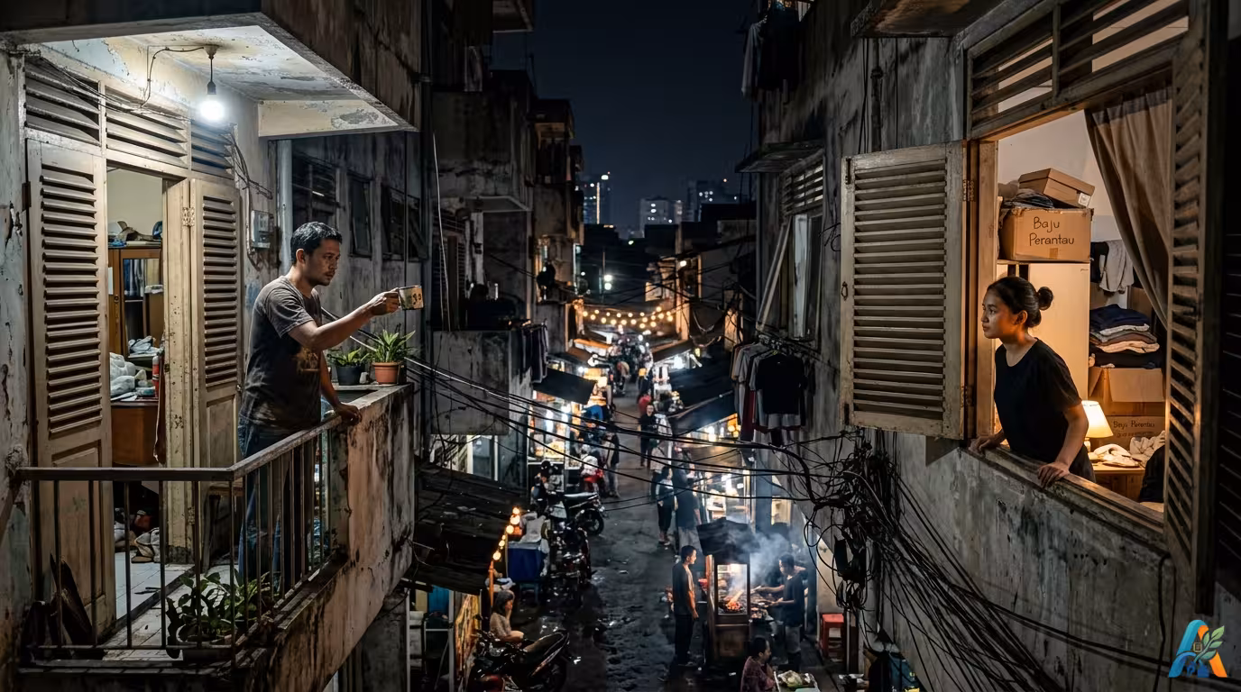 Foto realistik malam hari sepasang perantau berpandangan dari jendela apartemen tua rusun di atas pasar kaget yang ramai.