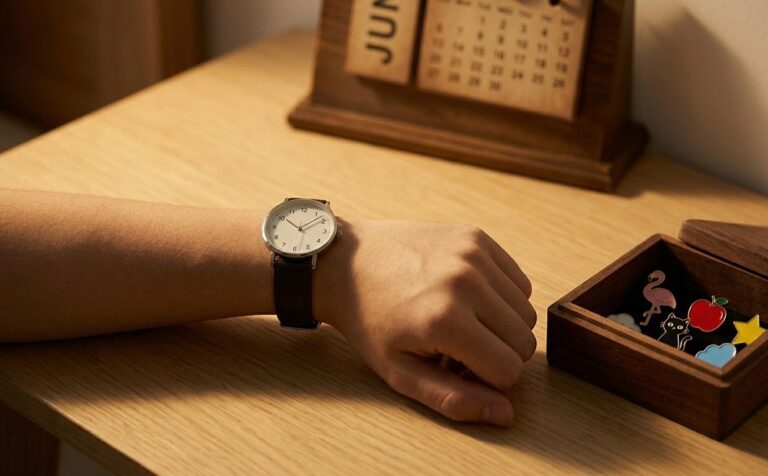 Tangan seseorang mengenakan jam tangan di atas meja kayu, di dekat kalender meja dan kotak perhiasan berisi pin warna-warni.