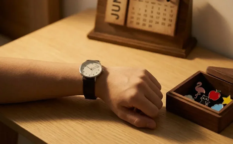 Tangan seseorang mengenakan jam tangan di atas meja kayu, di dekat kalender meja dan kotak perhiasan berisi pin warna-warni.
