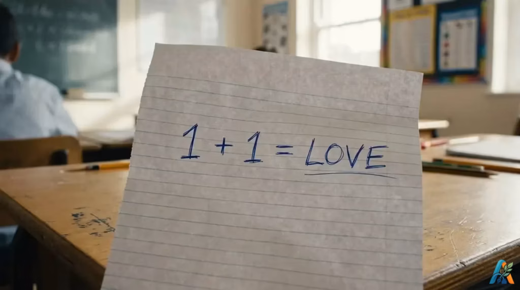 Teks tulisan tangan di atas kertas bergaris di ruang kelas buram yang bertuliskan "1 + 1 = LOVE".