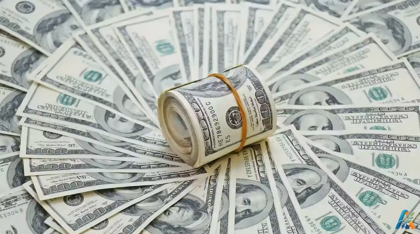 Gulungan uang kertas seratus dolar AS diletakkan di atas tumpukan uang kertas lainnya yang disusun membentuk kipas, melambangkan kekayaan finansial.