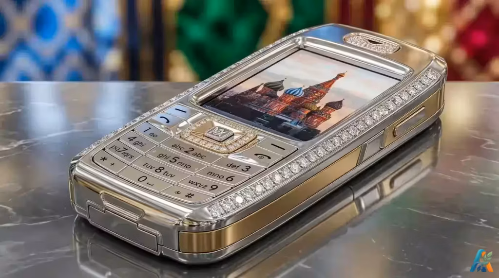 Diamond Crypto Smartphone perak bertahtakan berlian dengan gambar Katedral Santo Basil di layarnya di atas meja marmer.