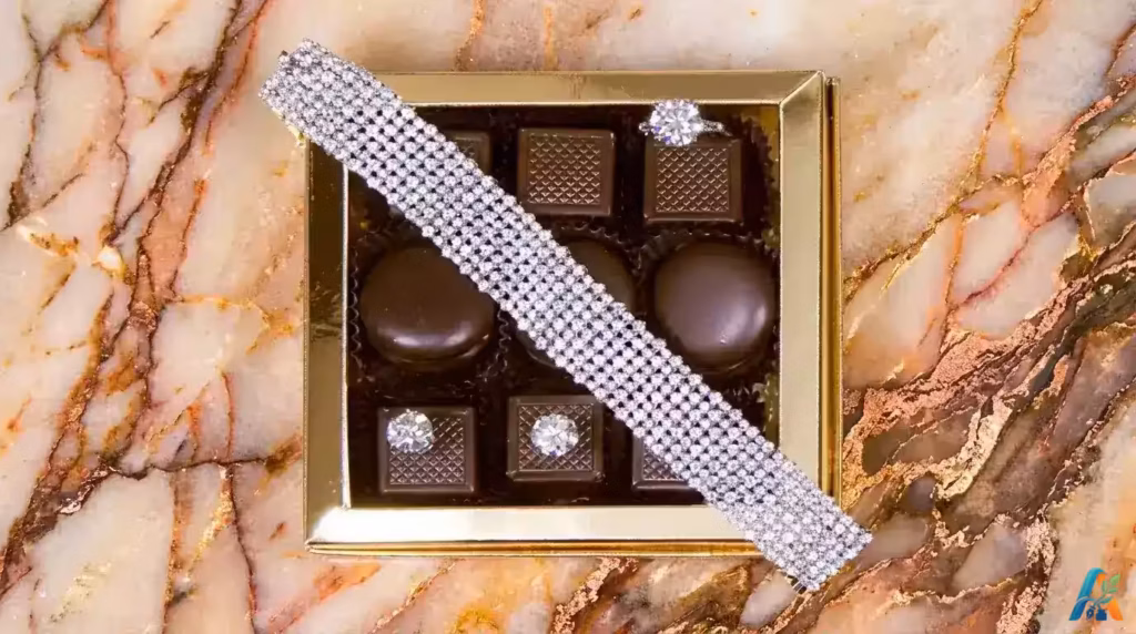Kotak cokelat mewah Le Chocolat bertahtakan gelang dan cincin berlian berkilau di atas meja marmer cokelat.