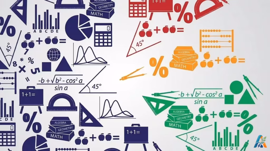 Ilustrasi otak matematika warna-warni yang terbentuk dari ikon kalkulator, rumus aljabar kompleks, geometri, sempoa, dan buku pelajaran pada latar belakang abu-abu muda. Menunjukkan fungsi logis otak kiri (biru) dan fungsi kreatif otak kanan (warna-warni).
