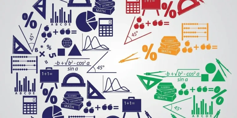 Ilustrasi otak matematika warna-warni yang terbentuk dari ikon kalkulator, rumus aljabar kompleks, geometri, sempoa, dan buku pelajaran pada latar belakang abu-abu muda. Menunjukkan fungsi logis otak kiri (biru) dan fungsi kreatif otak kanan (warna-warni).