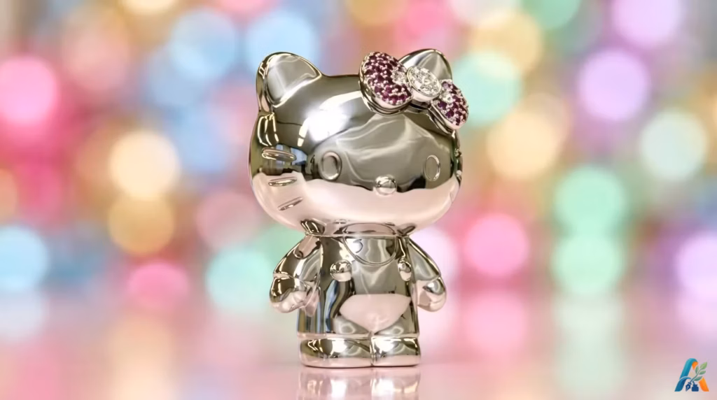Miniatur Hello Kitty Platinum berkilau dengan pita bertabur permata rubi merah berlatar belakang bokeh warna-warni cerah.