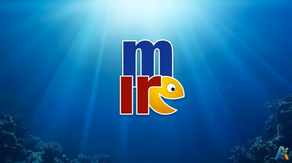 Logo mIRC ikonik dengan latar belakang pemandangan bawah laut, gambar ilustrasi untuk artikel mirc-remote-access.webp