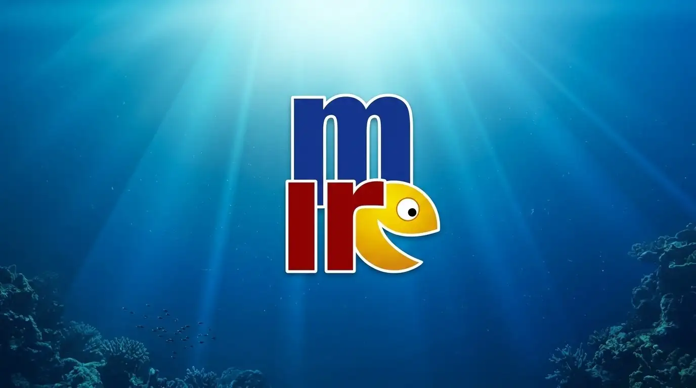 Logo mIRC ikonik dengan latar belakang pemandangan bawah laut, gambar ilustrasi untuk artikel mirc-remote-access.webp