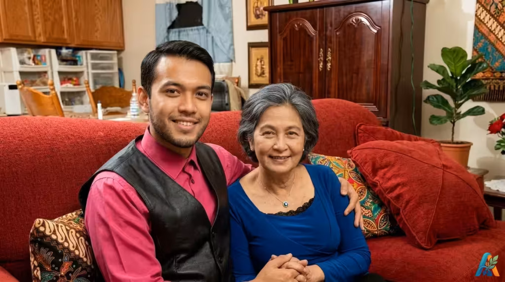 IlustrasiPria muda berbaju merah muda dan wanita paruh baya berambut abu-abu tersenyum bersama di sofa merah di dalam rumah.
