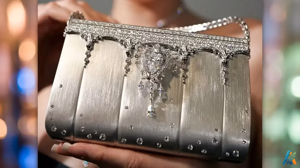 Tas tangan mewah platinum bertabur berlian berkilau dipegang oleh seorang wanita dengan latar belakang bokeh.